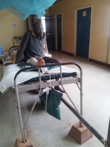 A typical ward patient in skin traction for a broken leg following a RTA